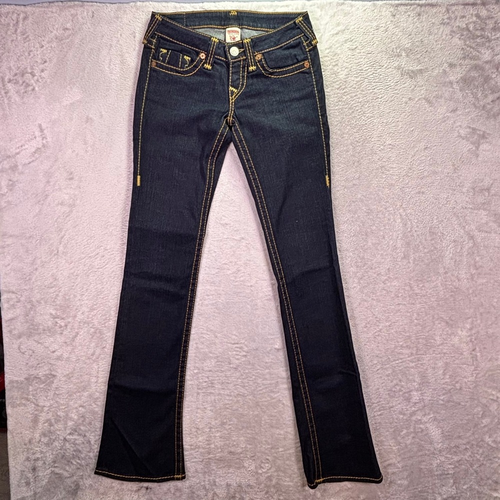 True Religion Womens Bootcut Jeans Size 26 Dark Wash Yellow Contrast Stitching